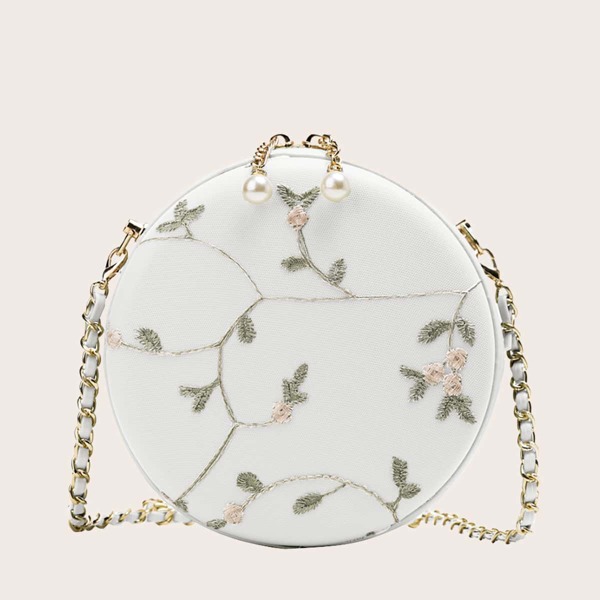 

Pearl Decor Floral Graphic Round Crossbody Bag, White