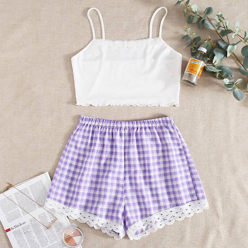 

Gingham Lace Trim Shorts PJ Set, Multicolor