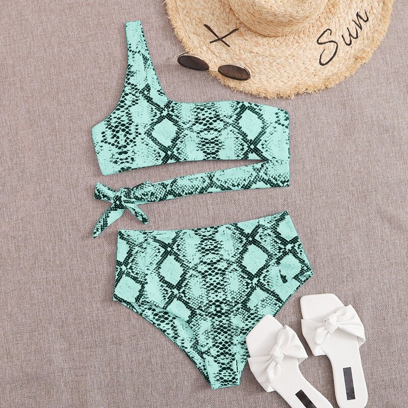 

Snakeskin One Shoulder Bikini Swimsuit, Mint green