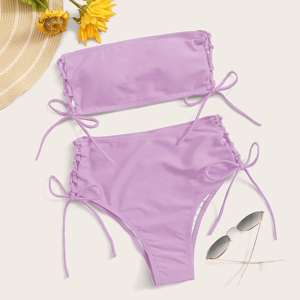 

Tie Side Bandeau High Waisted Bikini Swimsuit, Pastel lilac purple