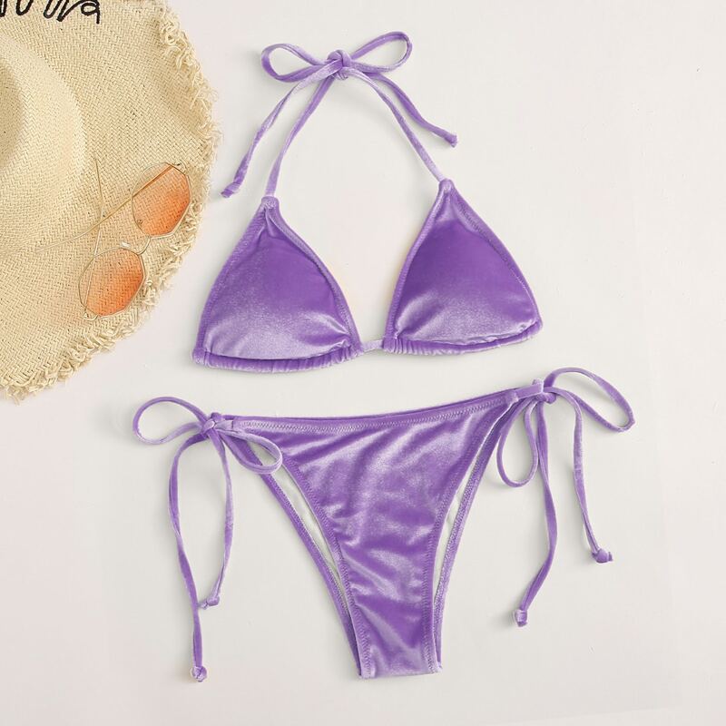 

Velvet Triangle Halter Tie Side Bikini Swimsuit, Purple