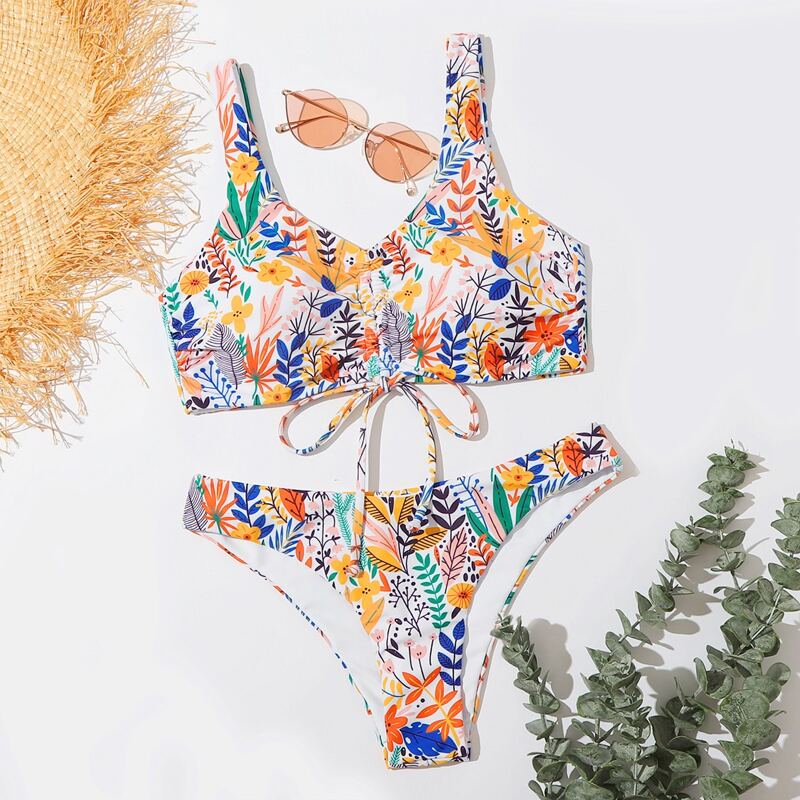 

Plants Drawstring Front Bikini Swimsuit, Multicolor