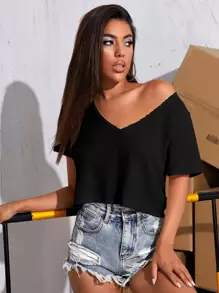 SHEIN EZwear 素色華夫格針織短版T恤 - 黑色 - 查看 1