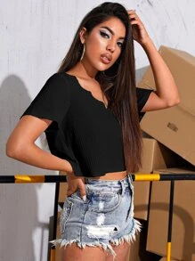 SHEIN EZwear 素色華夫格針織短版T恤 - 黑色 - 查看 3