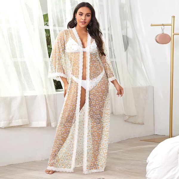 

Plus Lace Trim Ditsy Floral Mesh Robe, White