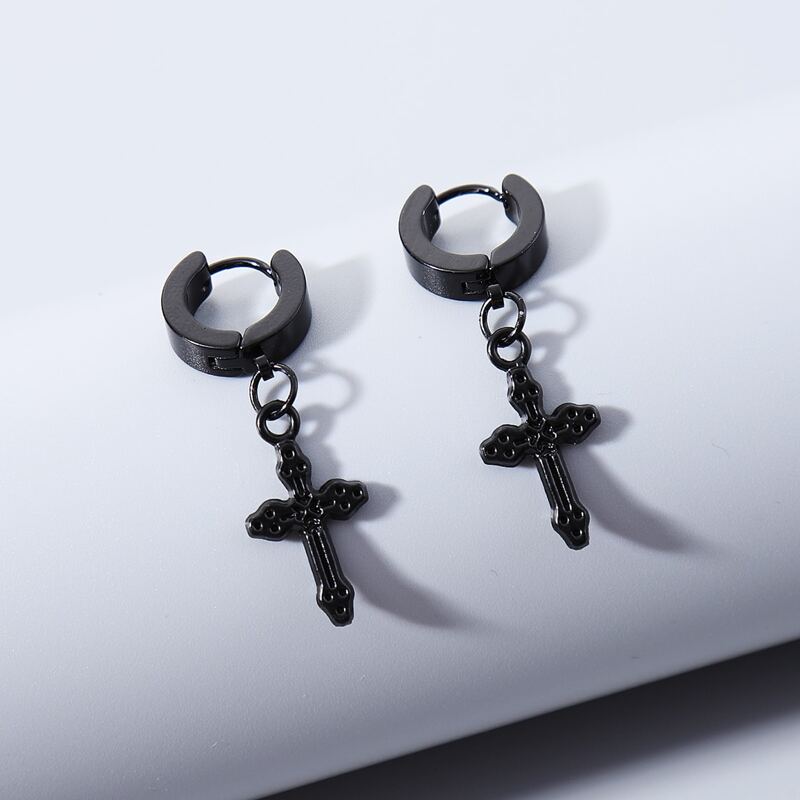

Guys Cross Drop Earrings, Black