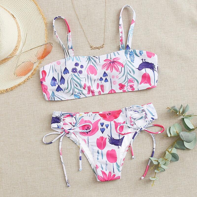 

Floral Lace-up Side Bikini Swimsuit, Multicolor