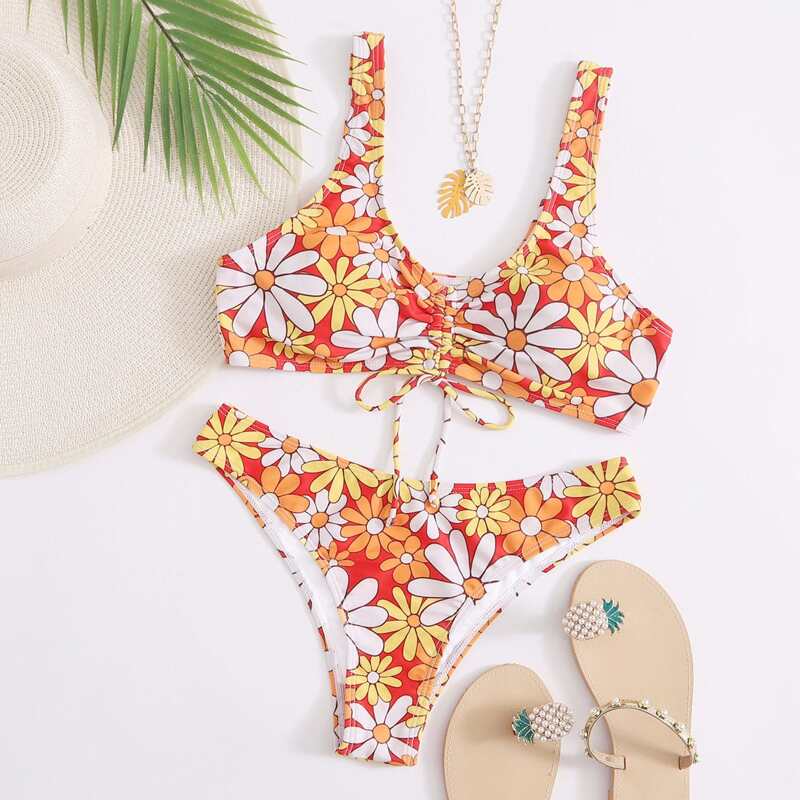 

Daisy Floral Drawstring Bikini Swimsuit, Multicolor