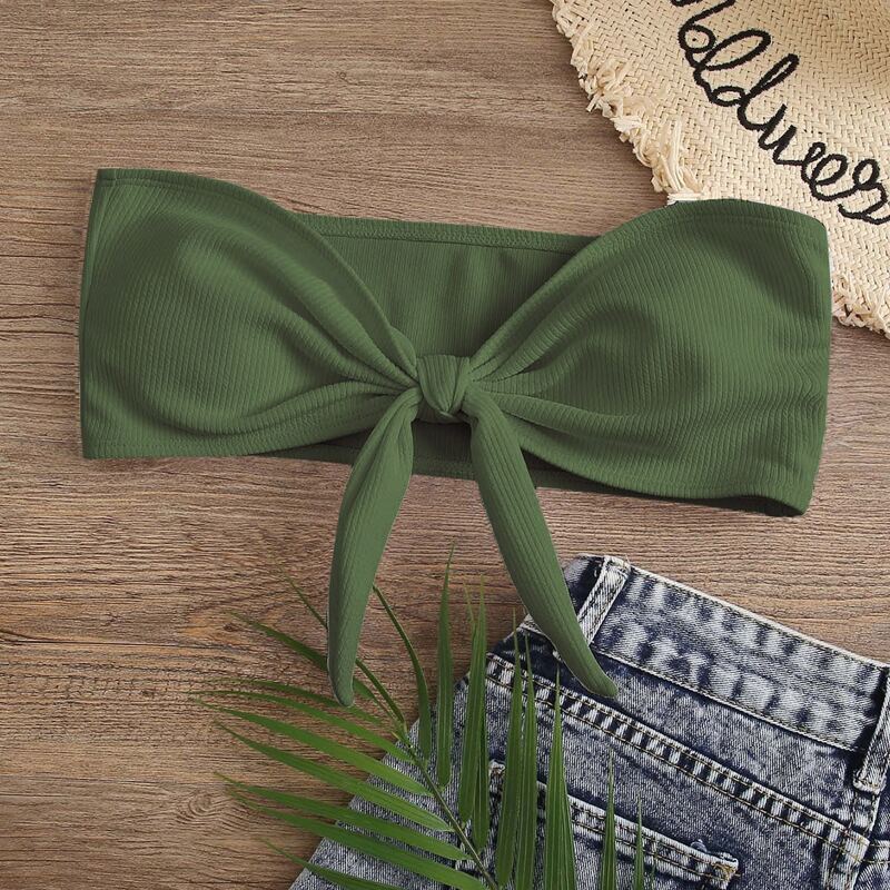 

Rib Knot Front Bandeau Bikini Top, Army green