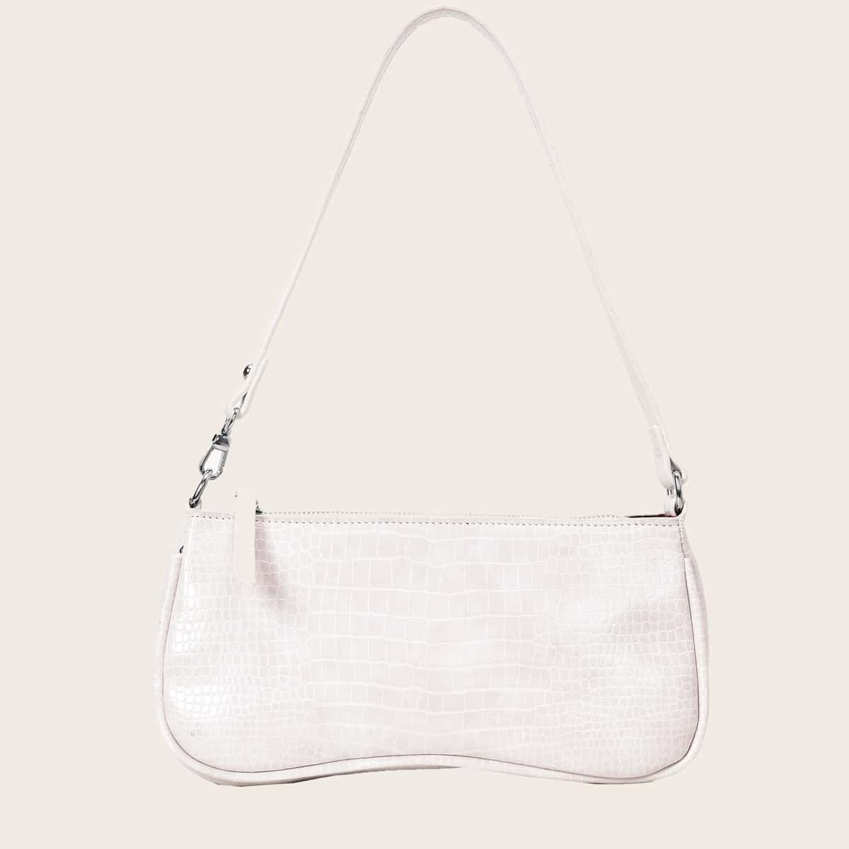 

Minimalist Croc Embossed Baguette Bag, White