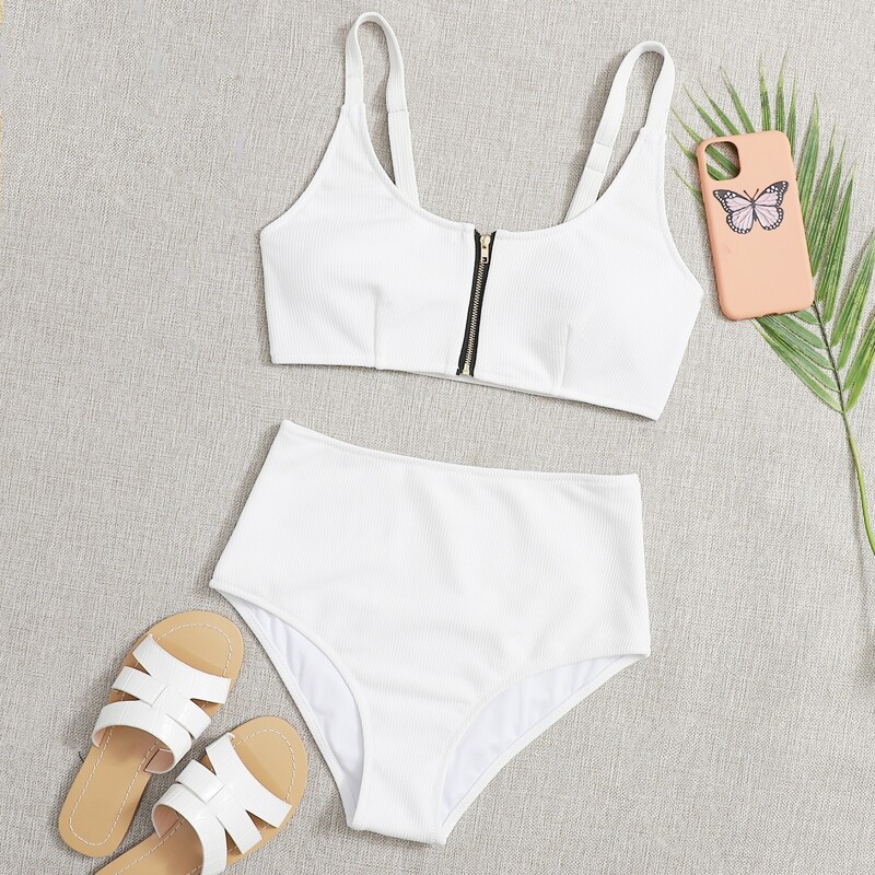 

Zip Front High Waist Bikini Swimsuit, White