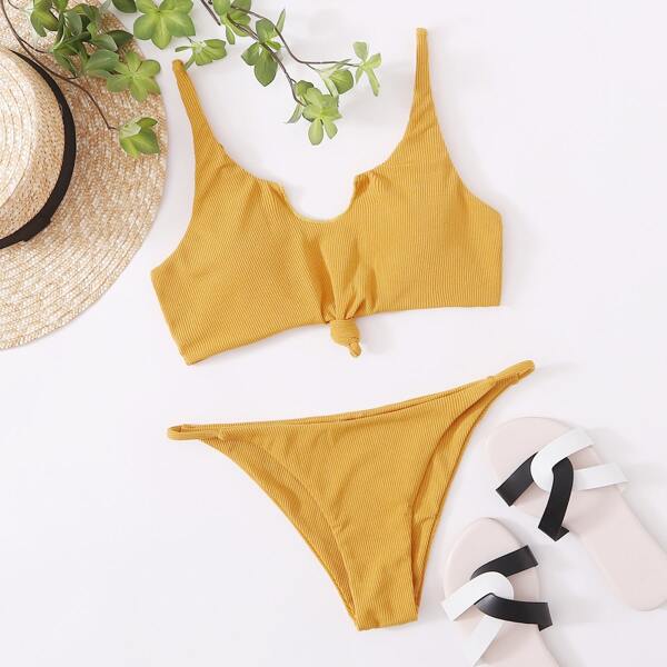 

Rib Knot Hem Bikini Swimsuit, Mustard yellow