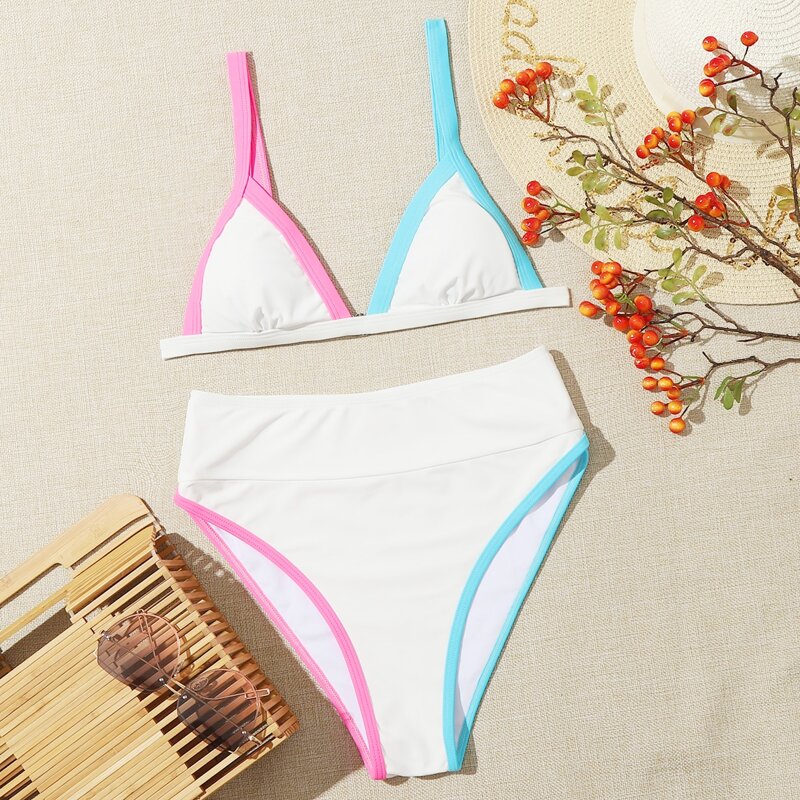 

Contrast Binding Triangle High Waist Bikini Swimsuit, White