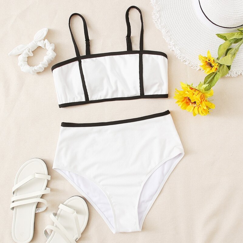 

Contrast Binding High Waist Bikini Swimsuit, White