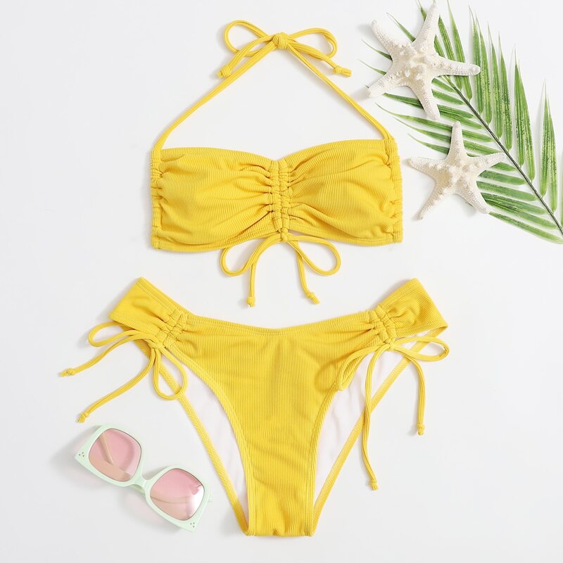 

Ribbed Drawstring Halter Bikini Swimsuit, Yellow