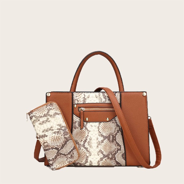 

2pcs Snakeskin Print Satchel Bag With Zip Around Purse, Brown
