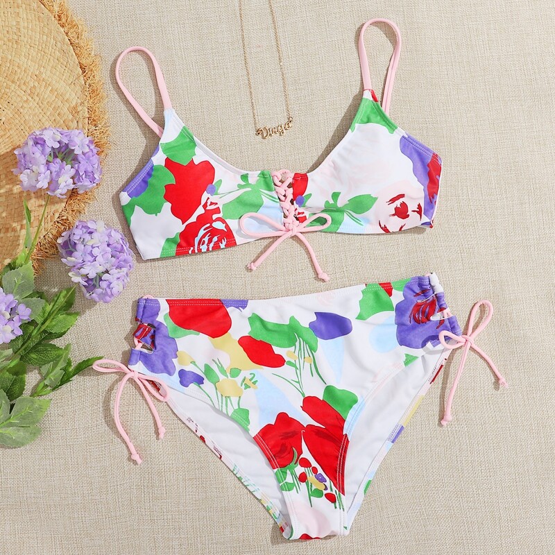 

Floral Lace-up High Waist Bikini Swimsuit, Multicolor