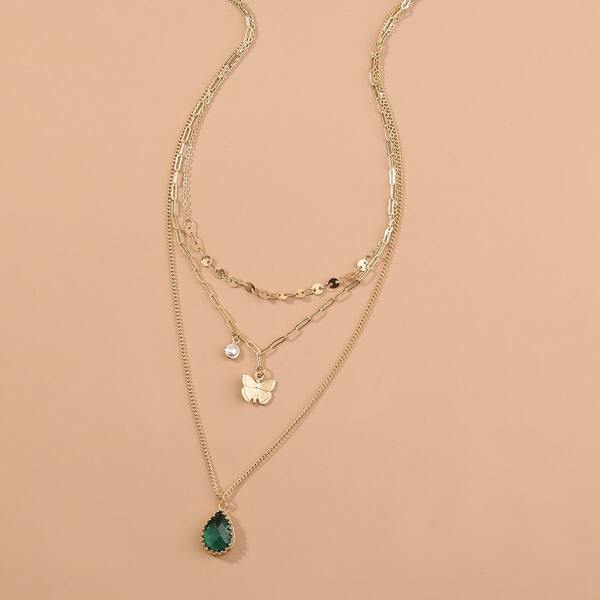 

Waterdrop Zircon Butterfly Pearl Multilayer Necklace, Gold
