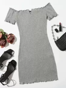 Muchica Vestido tejido de canalé ribete en forma de lechuga de cuello cortado V de hombros descubiertos - Gris - Ver 1