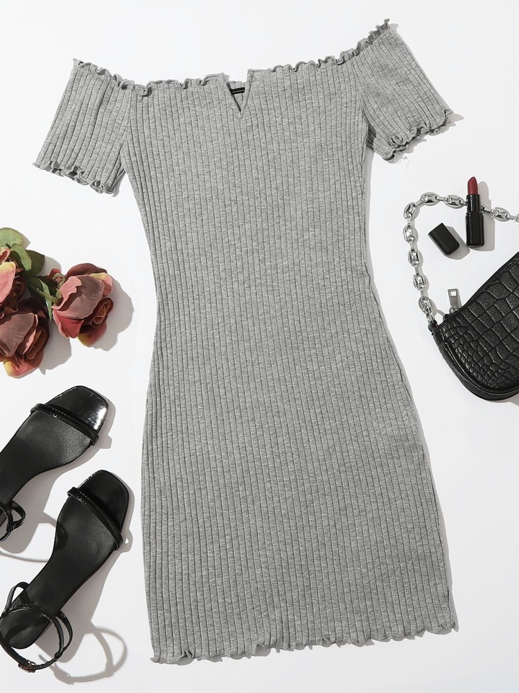 Muchica Vestido tejido de canalé ribete en forma de lechuga de cuello cortado V de hombros descubiertos - Gris - Añade 1