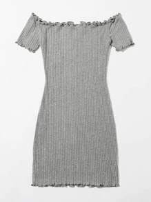 Muchica Vestido tejido de canalé ribete en forma de lechuga de cuello cortado V de hombros descubiertos - Gris - Ver 2