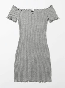 Muchica Vestido tejido de canalé ribete en forma de lechuga de cuello cortado V de hombros descubiertos - Gris - Ver 3