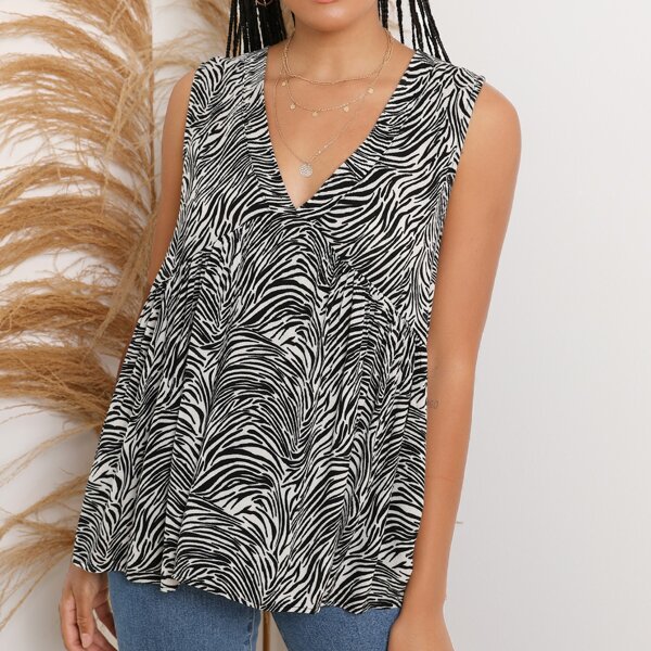 

V-Neck Sleeveless Zebra Stripe Top, Black and white