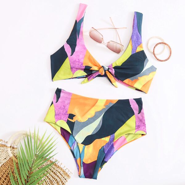 

Allover Graphic Knot Front Bikini Swimsuit, Multicolor