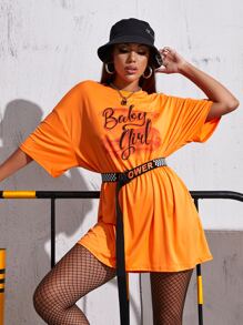 Neon Orange Drop Shoulder Letter & Heart Print Tee Dress - Orange - View 1