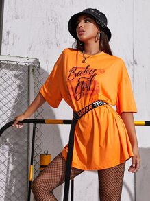 Neon Orange Drop Shoulder Letter & Heart Print Tee Dress - Orange - View 3
