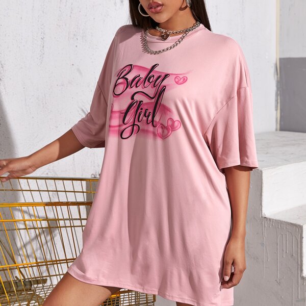 

Drop Shoulder Letter & Heart Print Tee Dress, Pastel baby pink