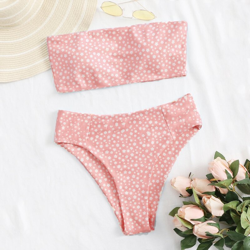 

Ditsy Floral Bandeau High Waisted Bikini Swimsuit, Pastel baby pink