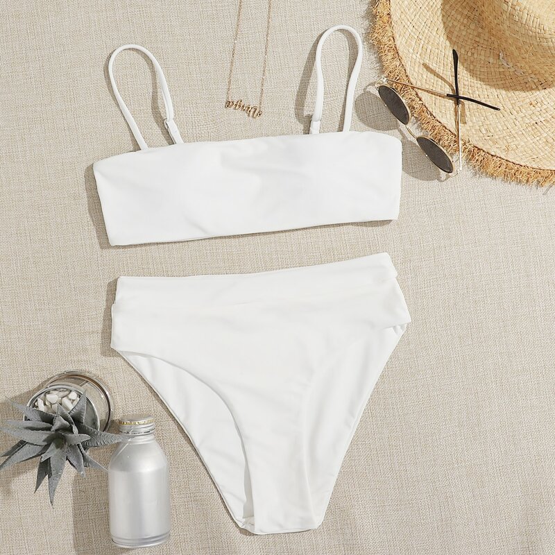 

Solid High Waisted Bikini Swimsuit, White