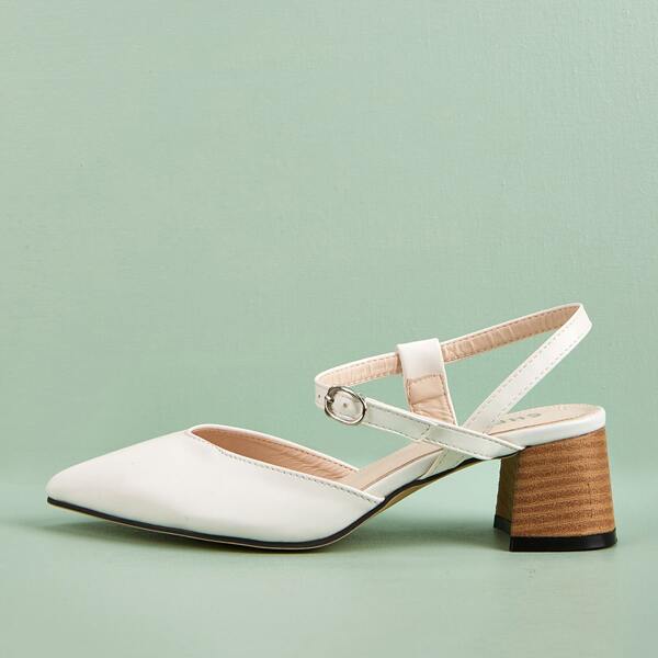 

Point Toe Ankle Strap Chunky Pumps, White