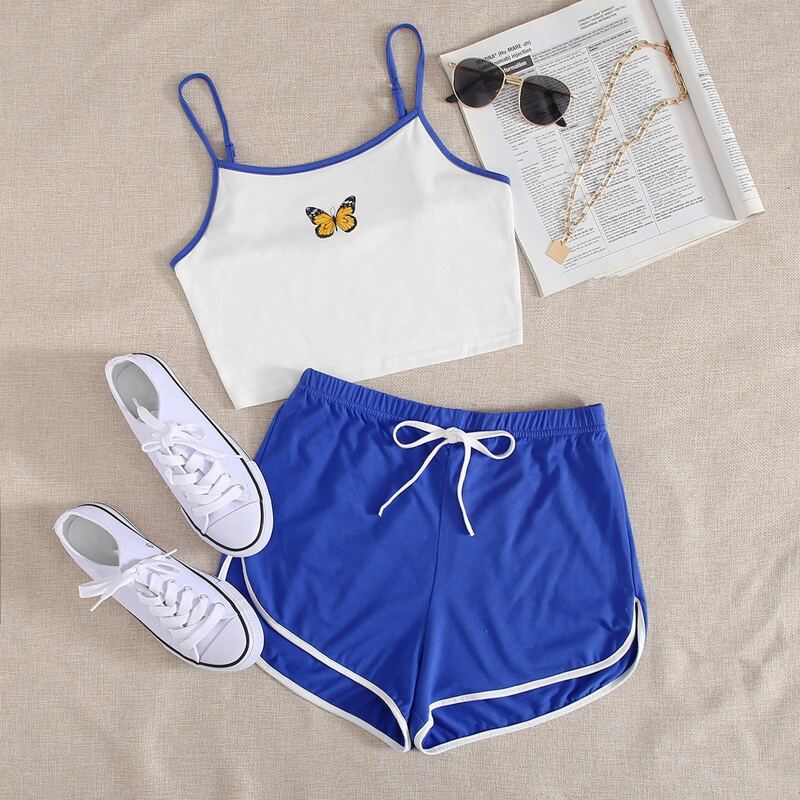 

Butterfly Print Contrast Binding Cami Top & Dolphin Shorts Set, Blue and white