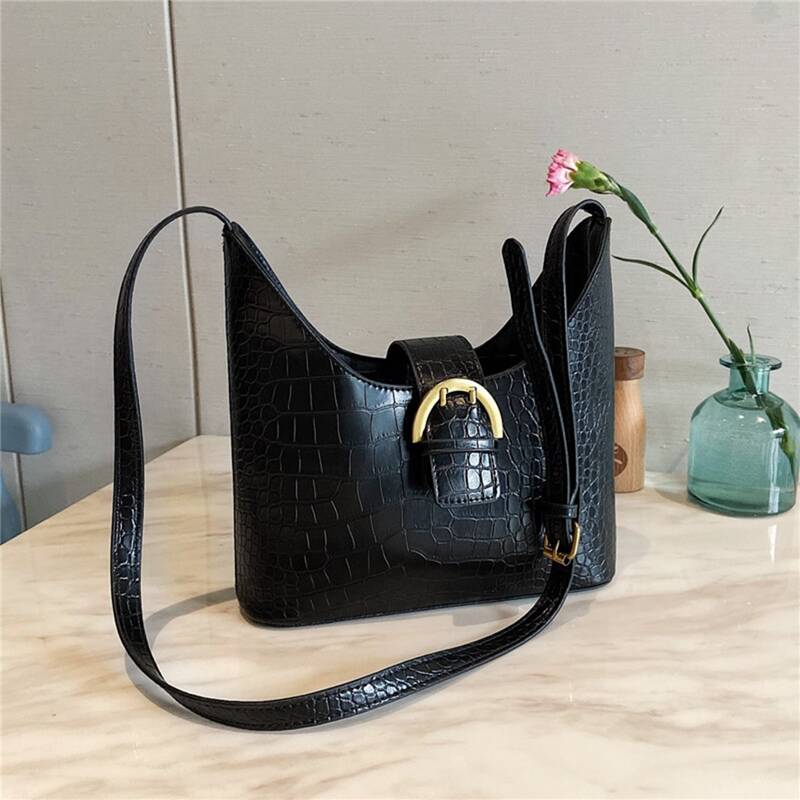 

Croc Embossed Buckle Tote Bag, Black