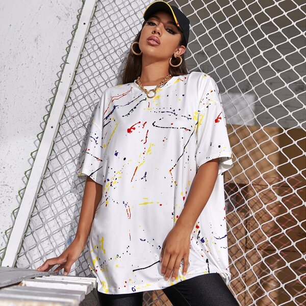 

Splash Ink Print Drop Shoulder Longline Tee, White