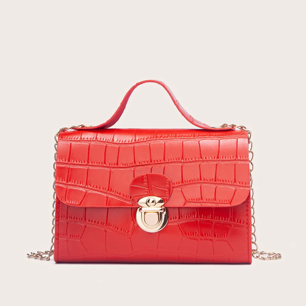 

Croc Embossed Push Lock Satchel Bag, Red