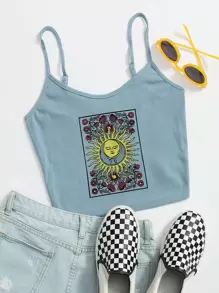 Muchica Floral and Graphic Print Rib-knit Cami Top - Dusty Blue - View 1
