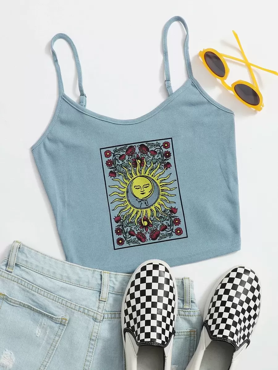 Muchica Floral and Graphic Print Rib-knit Cami Top - Dusty Blue - View 1