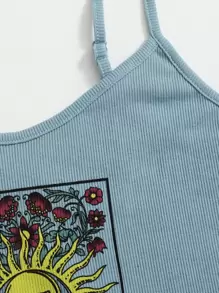 Muchica Floral and Graphic Print Rib-knit Cami Top - Dusty Blue - View 3