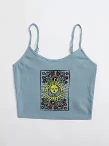 Muchica Floral and Graphic Print Rib-knit Cami Top - Dusty Blue - View 4
