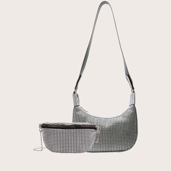 

2pcs Rhinestone Decor Bag Set, Silver