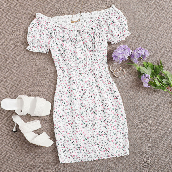 

Off Shoulder Tie Neck Frill Trim Ditsy Floral Shirred Back Dress, White