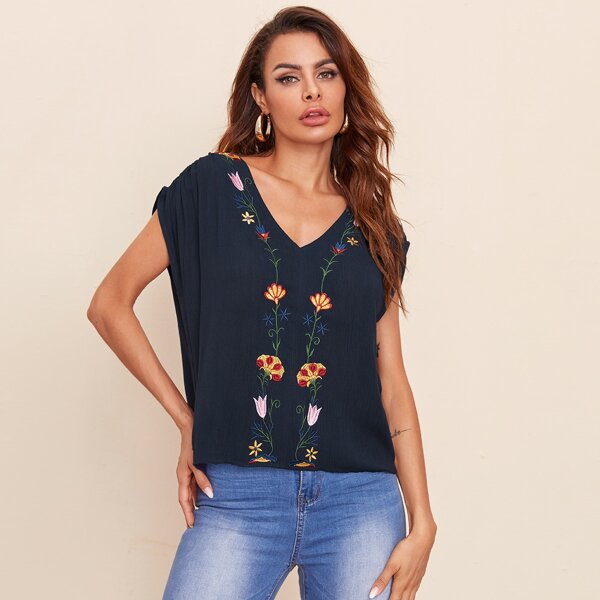 

Ruched Shoulder Floral Embroidery Top, Navy blue