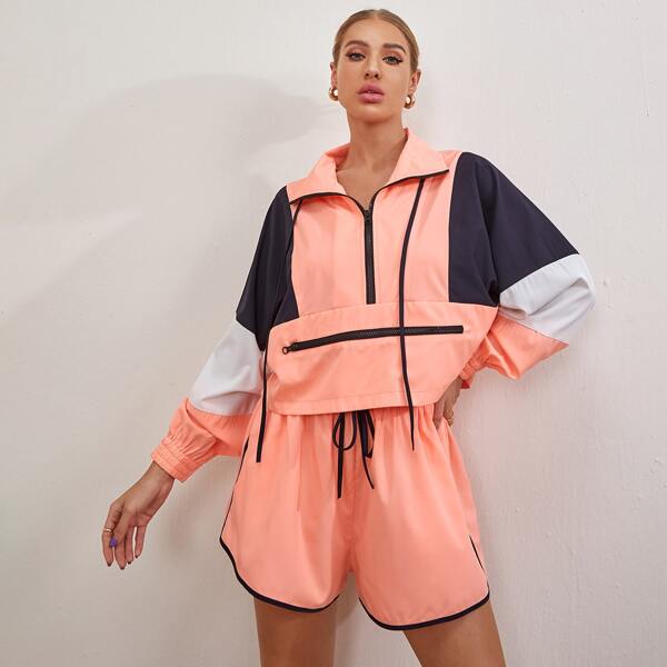 

Half Zip Colorblock Batwing Sleeve Top & Tie Waist Shorts Set, Coral pink