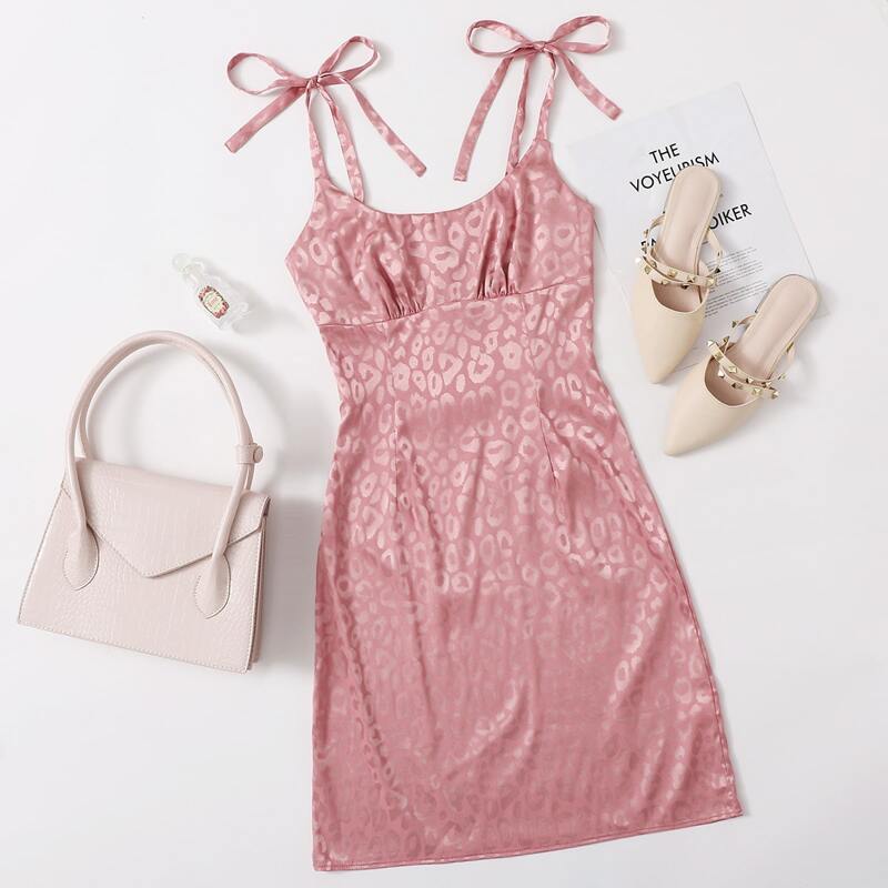 

Ruched Bust Leopard Jacquard Satin Cami Dress, Dusty pink