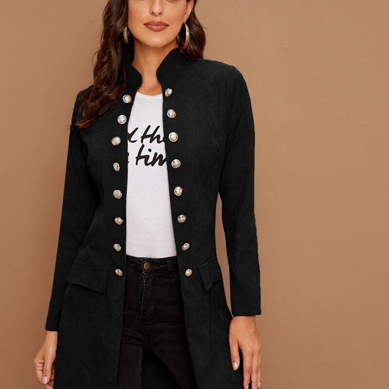

Double Breasted Fake Flap Pocket Corduroy Coat, Black