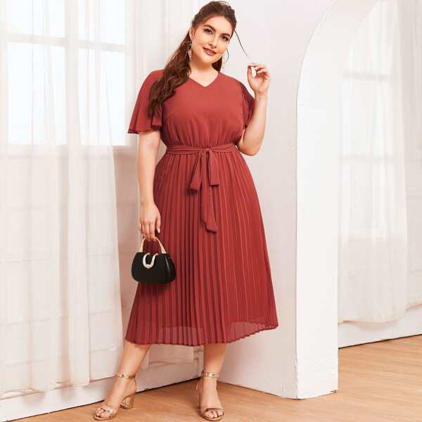 

Plus Flutter Sleeve Self Belted Pleated Dress, Red