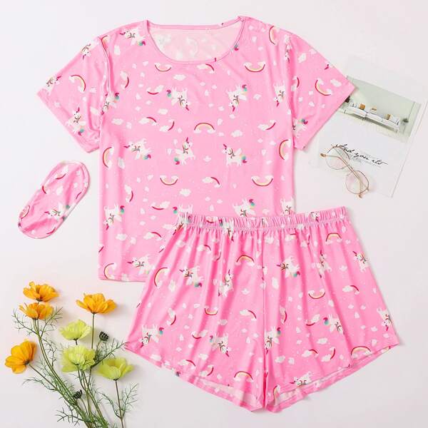 

Plus Cartoon Unicorn Print Pajama Set, Pink pastel